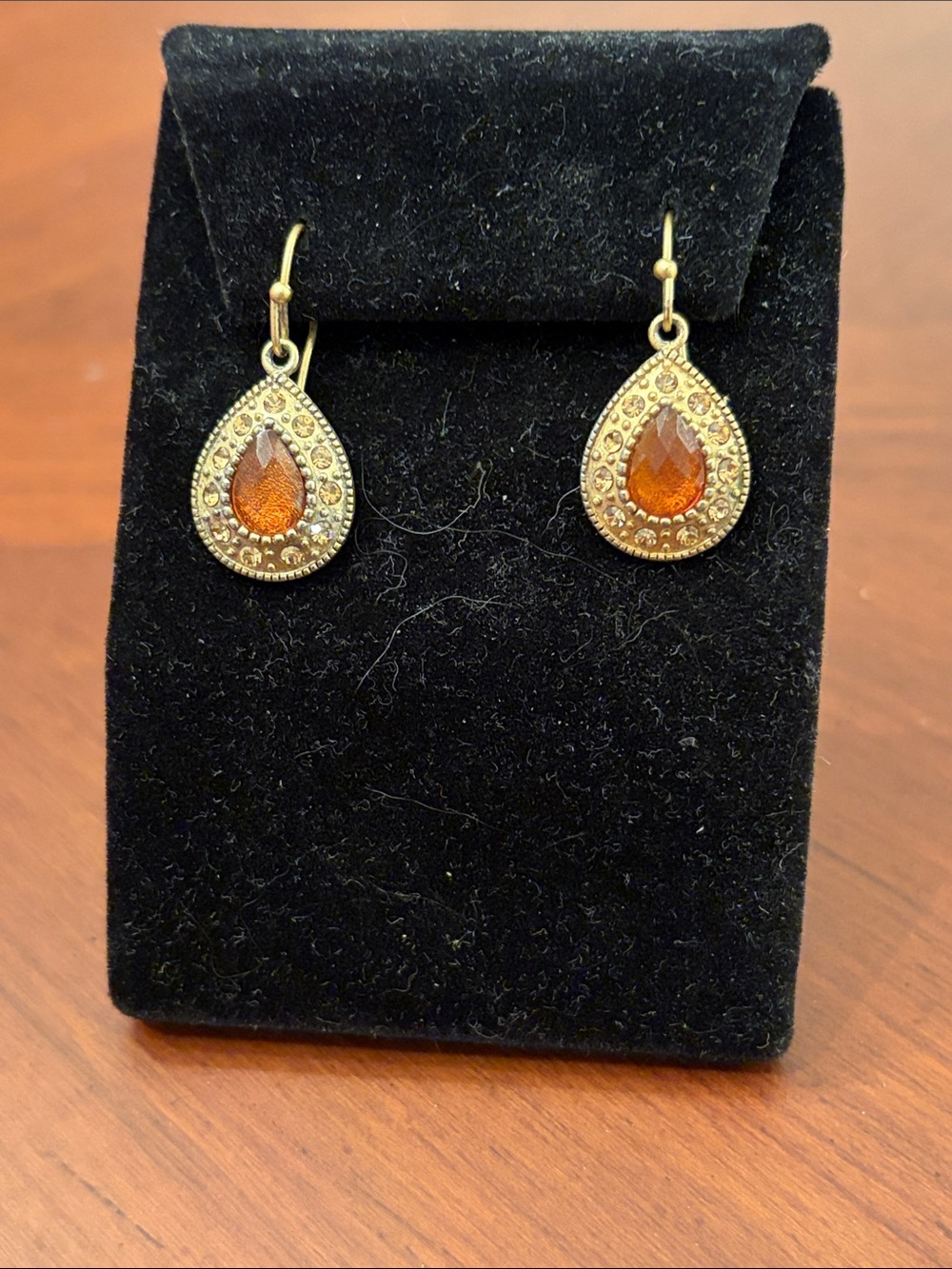 Teardrop Amber Crystal Dangle Earrings - Gold Tone